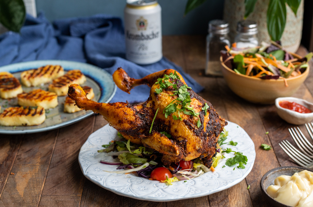 Krombacher 0.0% with poussin and halloumi Krombacher 0.0% with poussin and halloumi